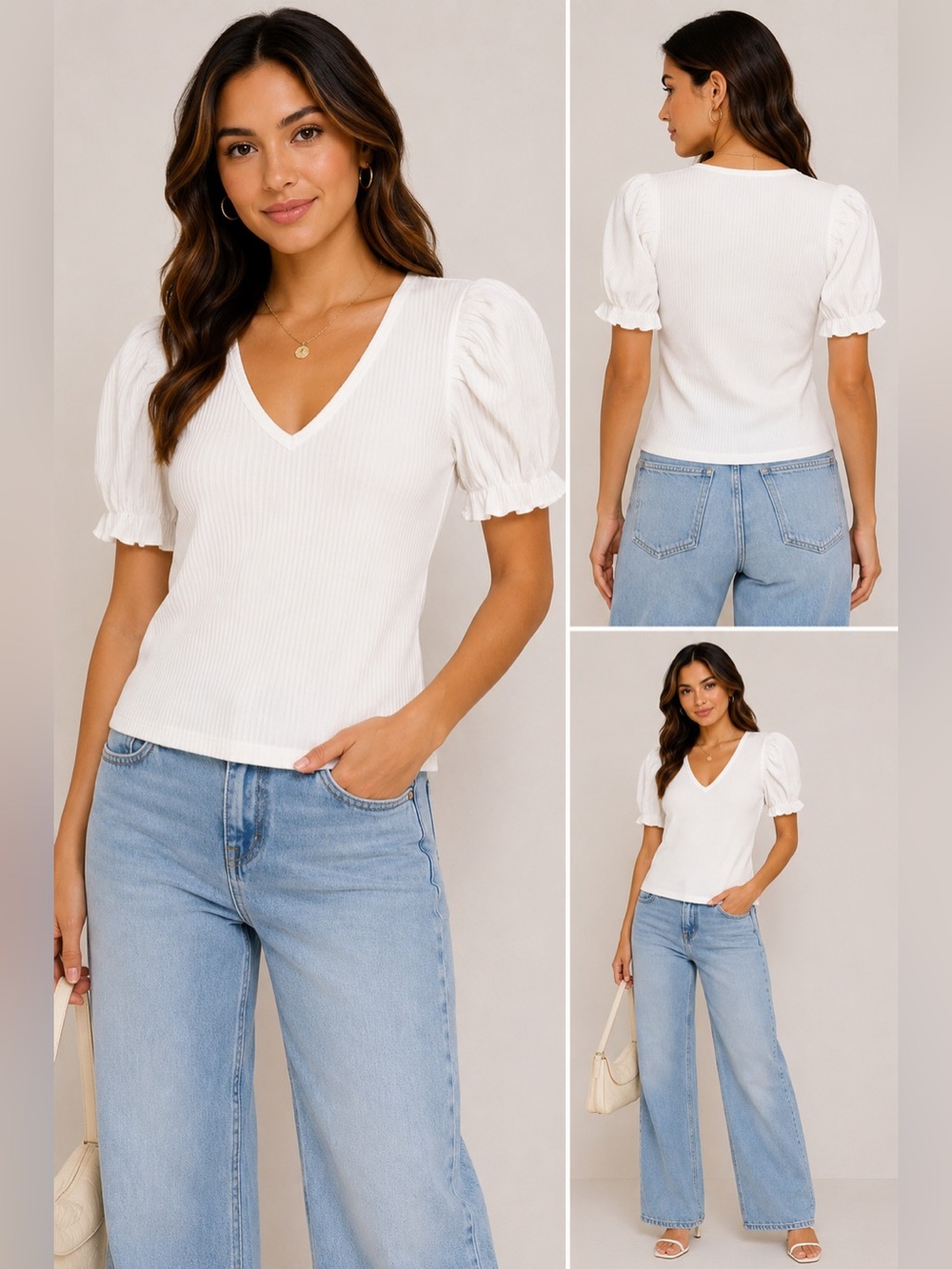 Philosophy White Ribbed V Neck Puff Sleeve Top Size S NWT